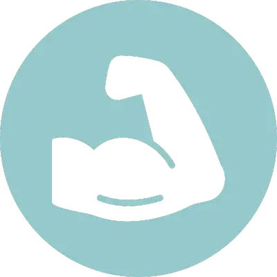 A black flexed bicep icon set against a light blue circular background.