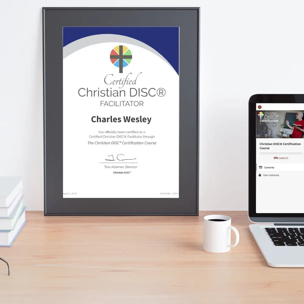 Black-framed certificate for a certified christian disc® facilitator.