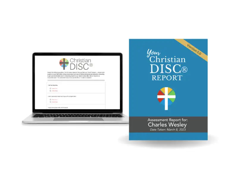 Blue christian disc® report booklet with a colorful cross logo and gold ’version 3.0’’ banner, featuring personalized assessment details for charles wesley on its cover.