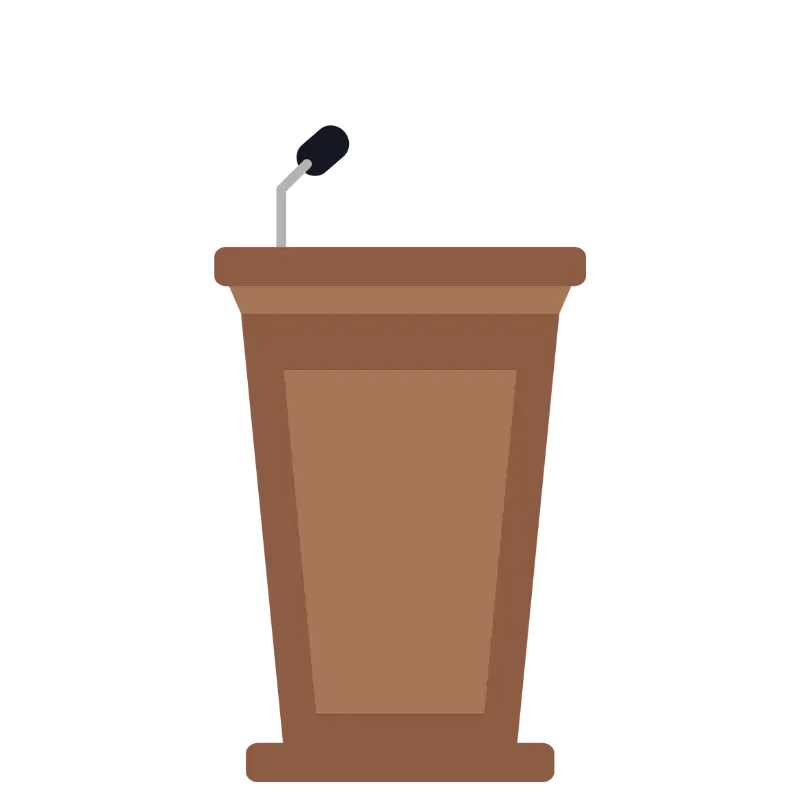 Brown wooden podium with a mounted microphone.