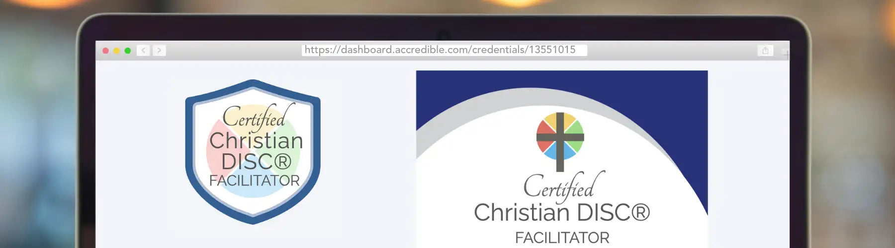 Certified christian disc® facilitator credential displayed on a laptop screen.