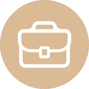 A minimalist white line-art briefcase icon set against a solid beige circular background.