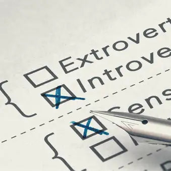 A silver fountain pen with a fine tip rests beside a checklist marked “introvert” and “sensory,” both crossed out in blue ink.