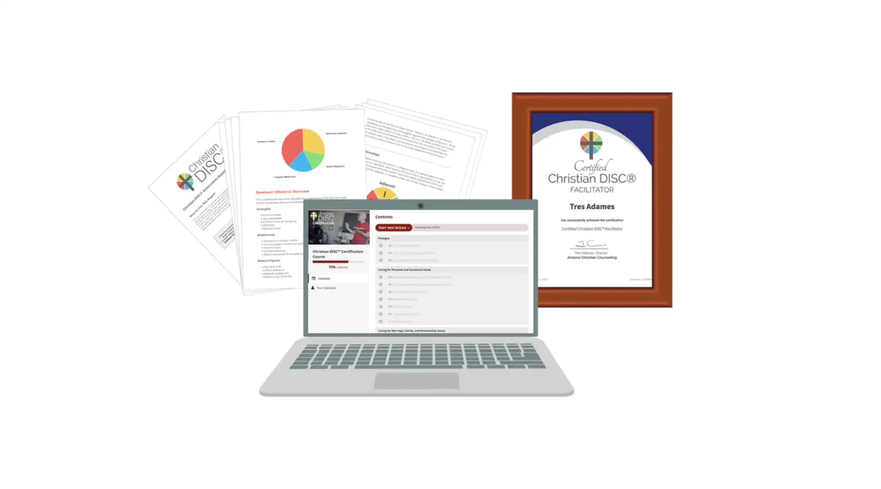 Silver laptop displaying a christian disc facilitator training interface, surrounded by printed materials and framed certification.