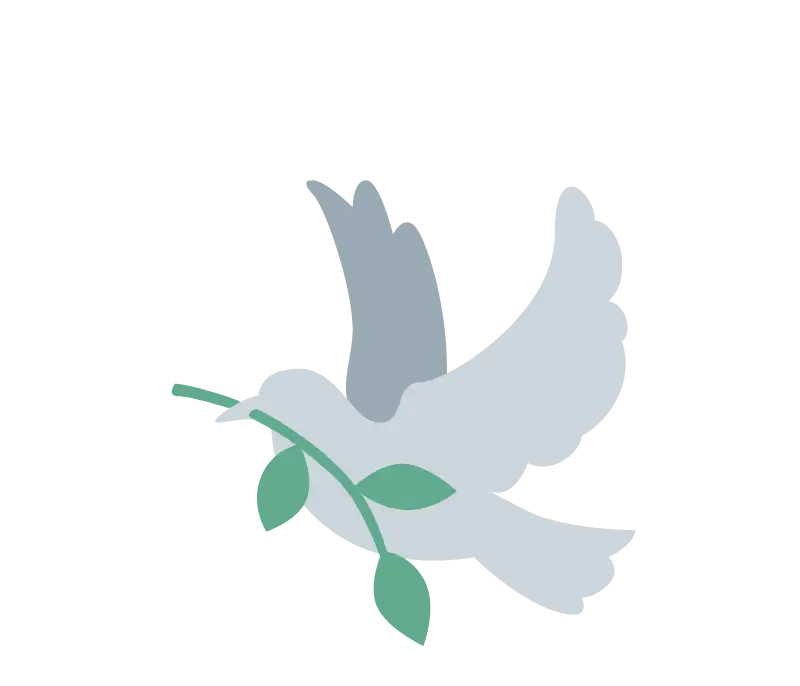 A stylized white dove with gray wings and green olive branch, rendered in a minimalist flat design.