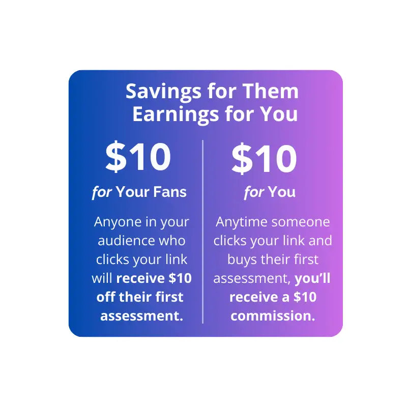 A vibrant gradient graphic with a blue-to-purple transition, featuring white text that reads ’savings for them earnings for you’ and details of $10 rewards for fans and the creator.