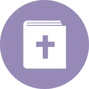 White book icon with a purple cross on its cover, set against a solid lavender circular background.