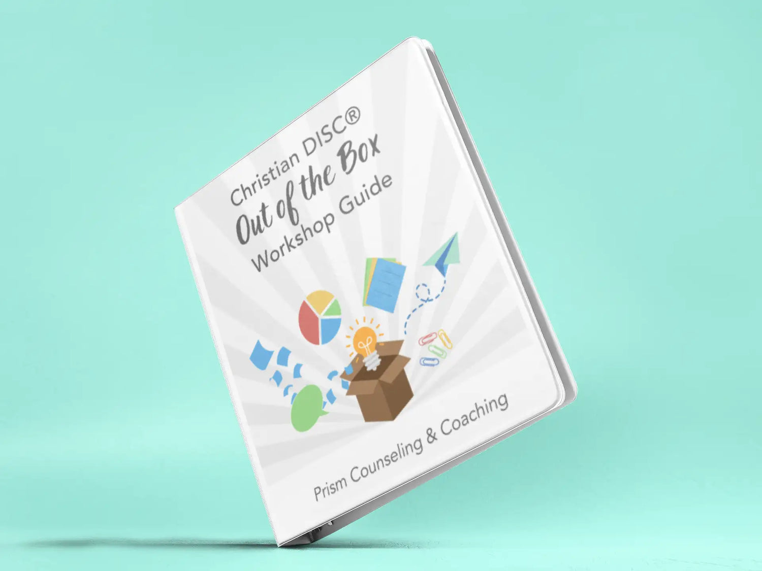 White hardcover book titled ’christian disc® out of the box workshop guide’ with colorful illustrations on its cover.