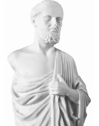 White marble bust of a bearded man in classical robes holding a staff.